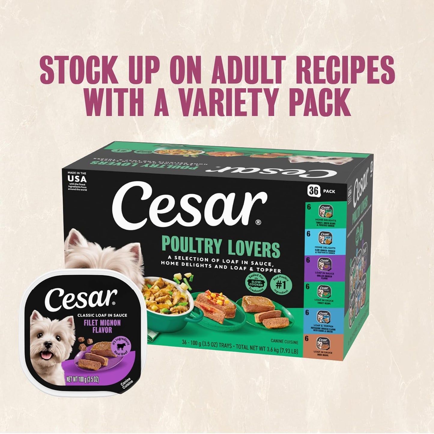Adult Wet Dog Food Steak Lovers Variety Pack with Real Meat, 3.5 Oz. Easy Peel Trays, 36 Count (Pack of 1)