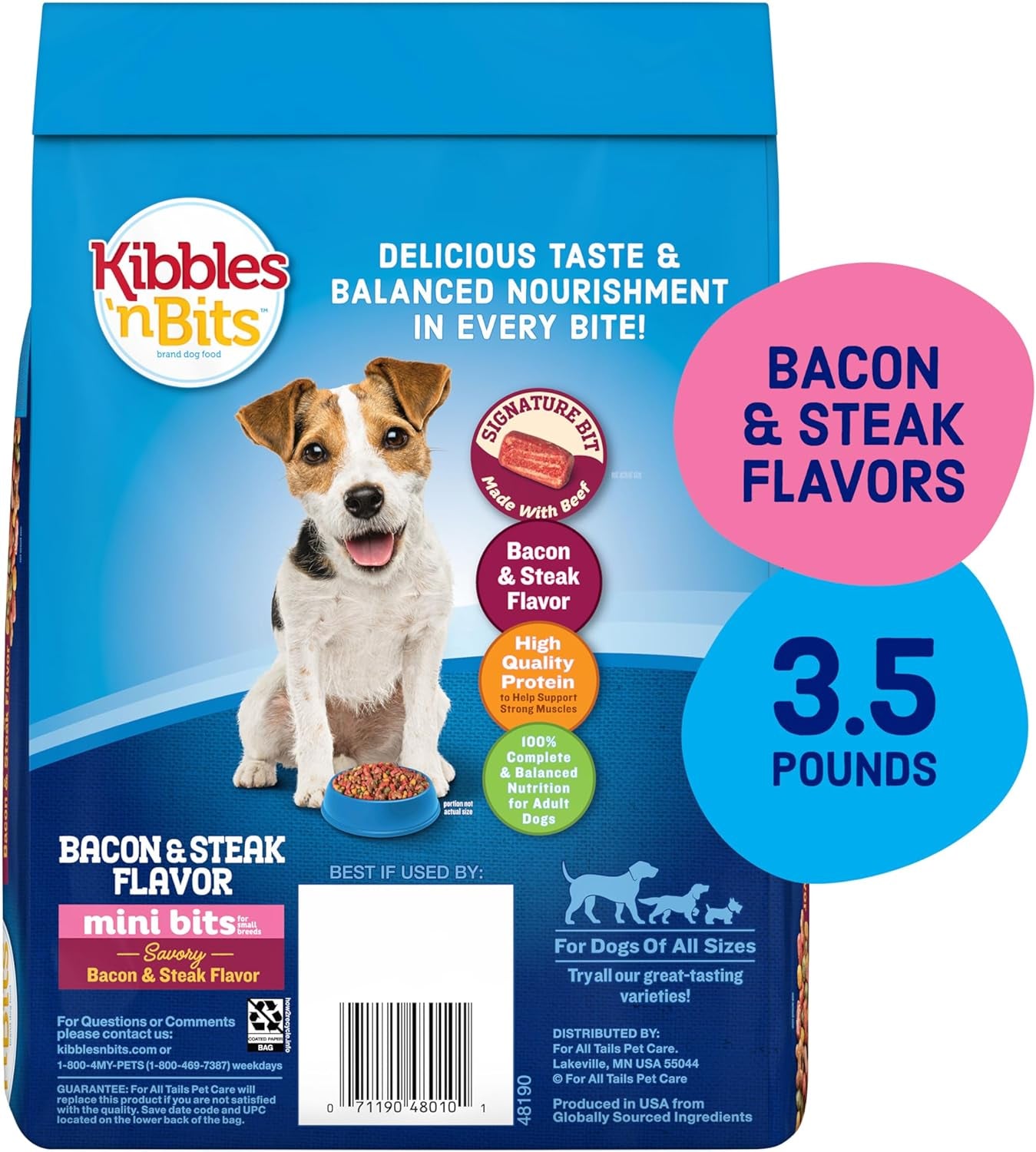 Mini Bits Small Breed Dry Dog Food, Savory Bacon & Steak Flavor for Adult Dogs, 3.5 Lb. Bag