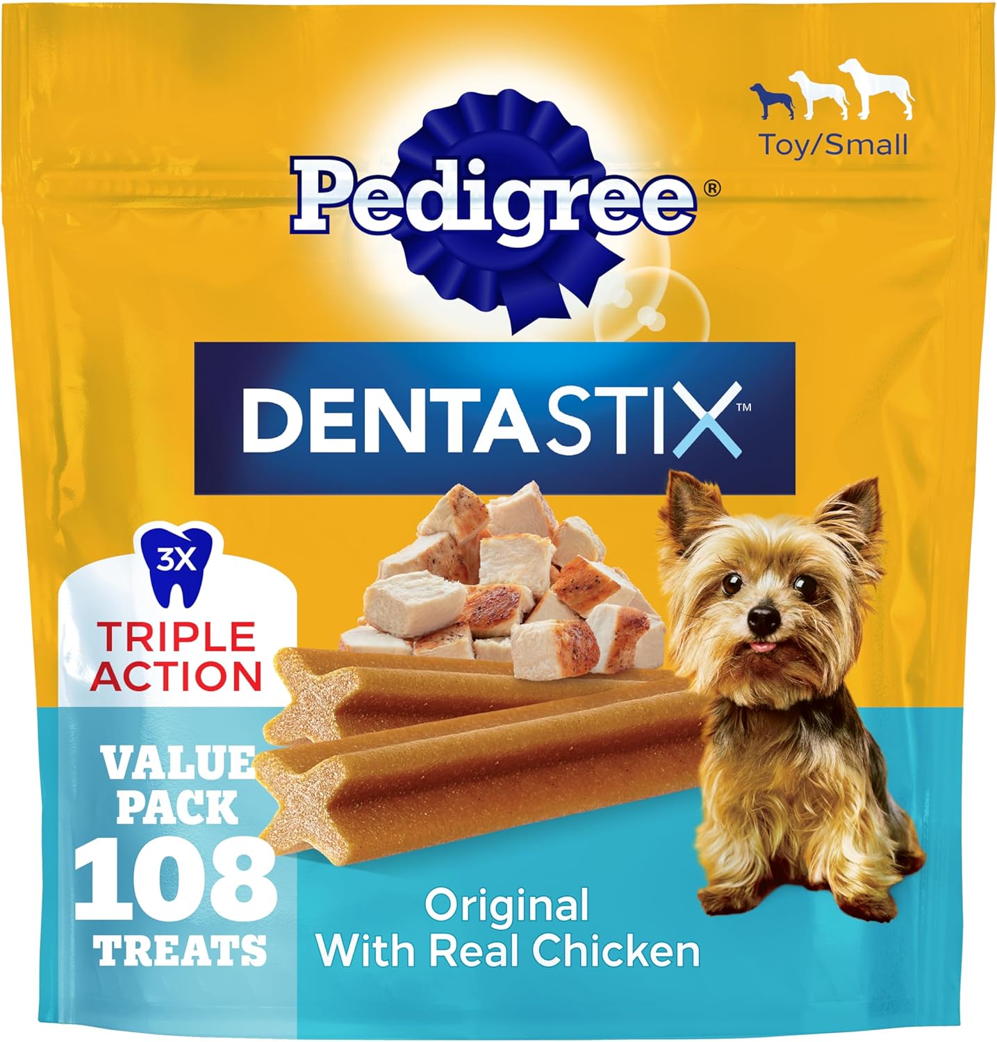 Pedigree Dentastix Dental Chews for Small and Toy Breed Dogs, Original Flavor with Real Chicken, 1.63 lb Bag (108 Treats)