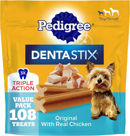 Pedigree Dentastix Dental Chews for Small and Toy Breed Dogs, Original Flavor with Real Chicken, 1.63 lb Bag (108 Treats)