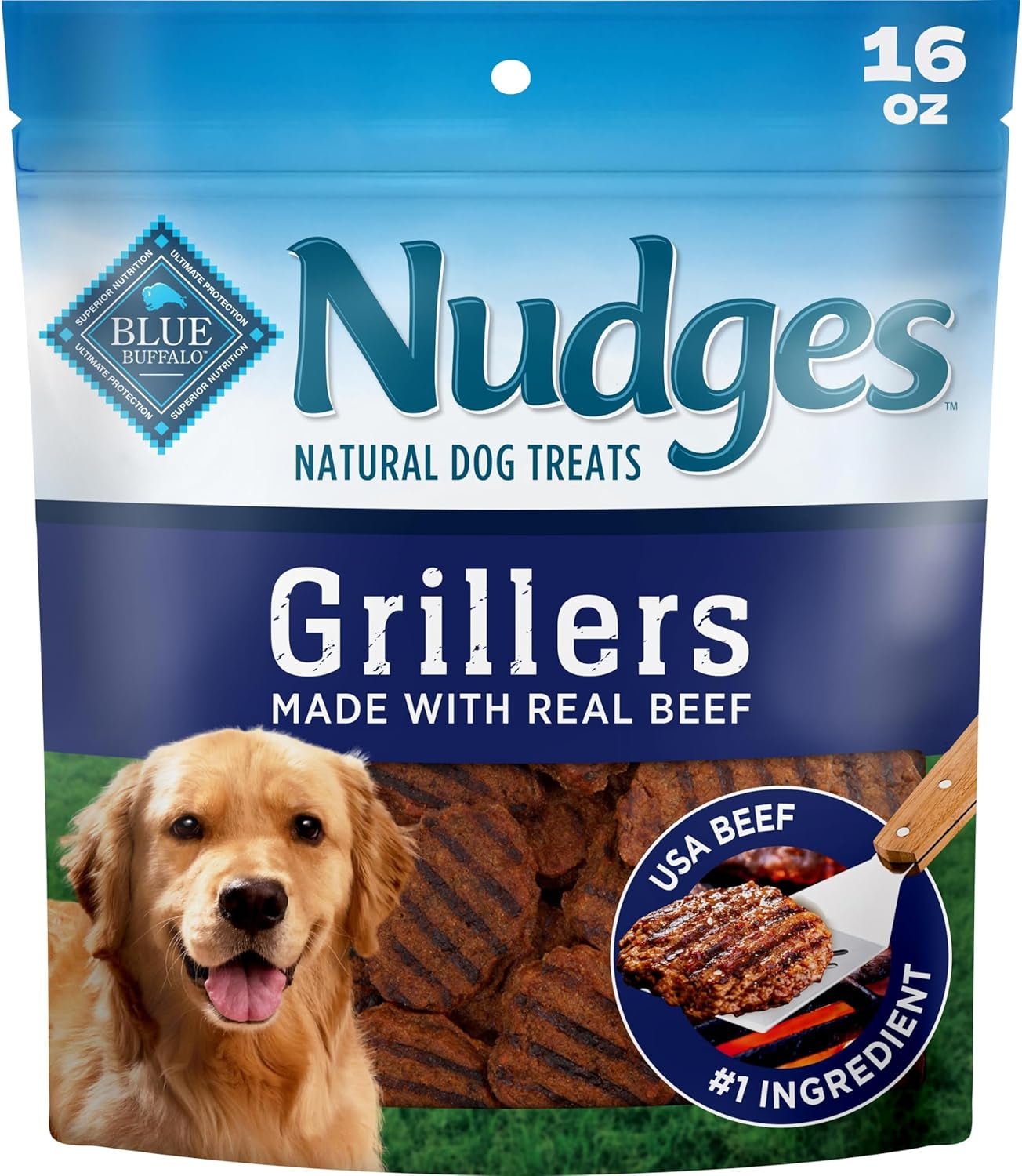 Nudges Beef Grillers Natural Dog Treats, Tender & Meaty Dog Snacks, Easy-To-Tear for Training, Made in the USA with Real Beef, No Artificial Preservatives, 16 Oz.