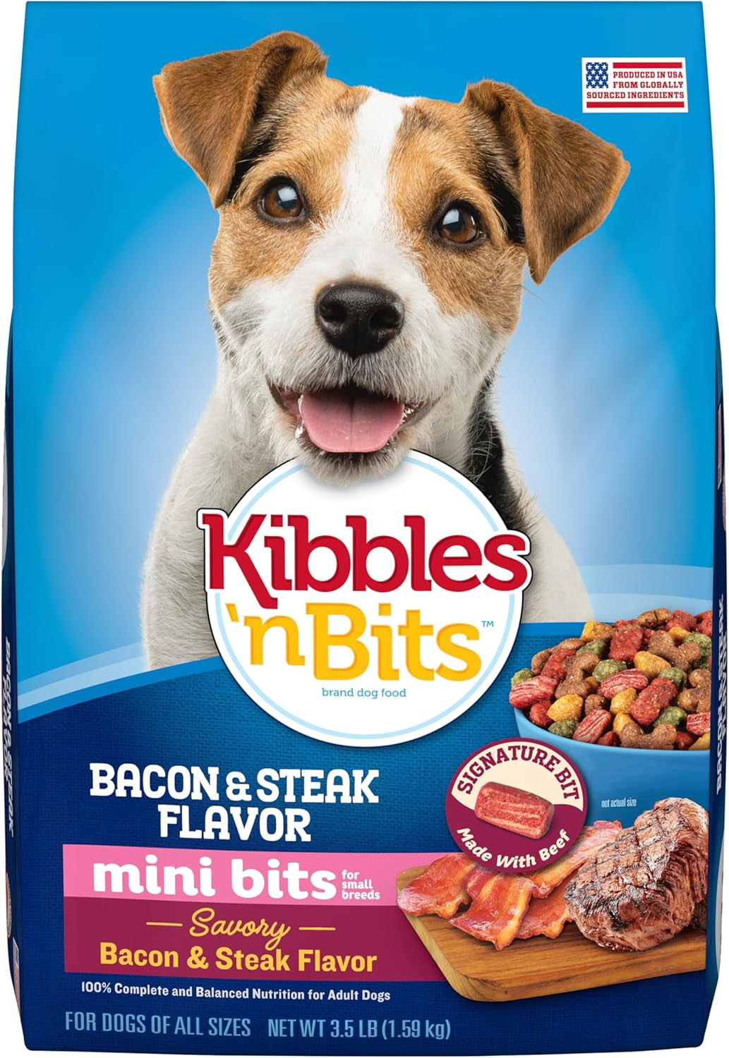 Mini Bits Small Breed Dry Dog Food, Savory Bacon & Steak Flavor for Adult Dogs, 3.5 Lb. Bag