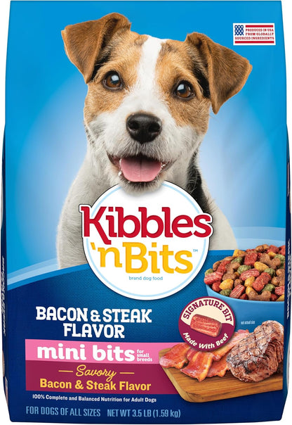 Mini Bits Small Breed Dry Dog Food, Savory Bacon & Steak Flavor for Adult Dogs, 3.5 Lb. Bag