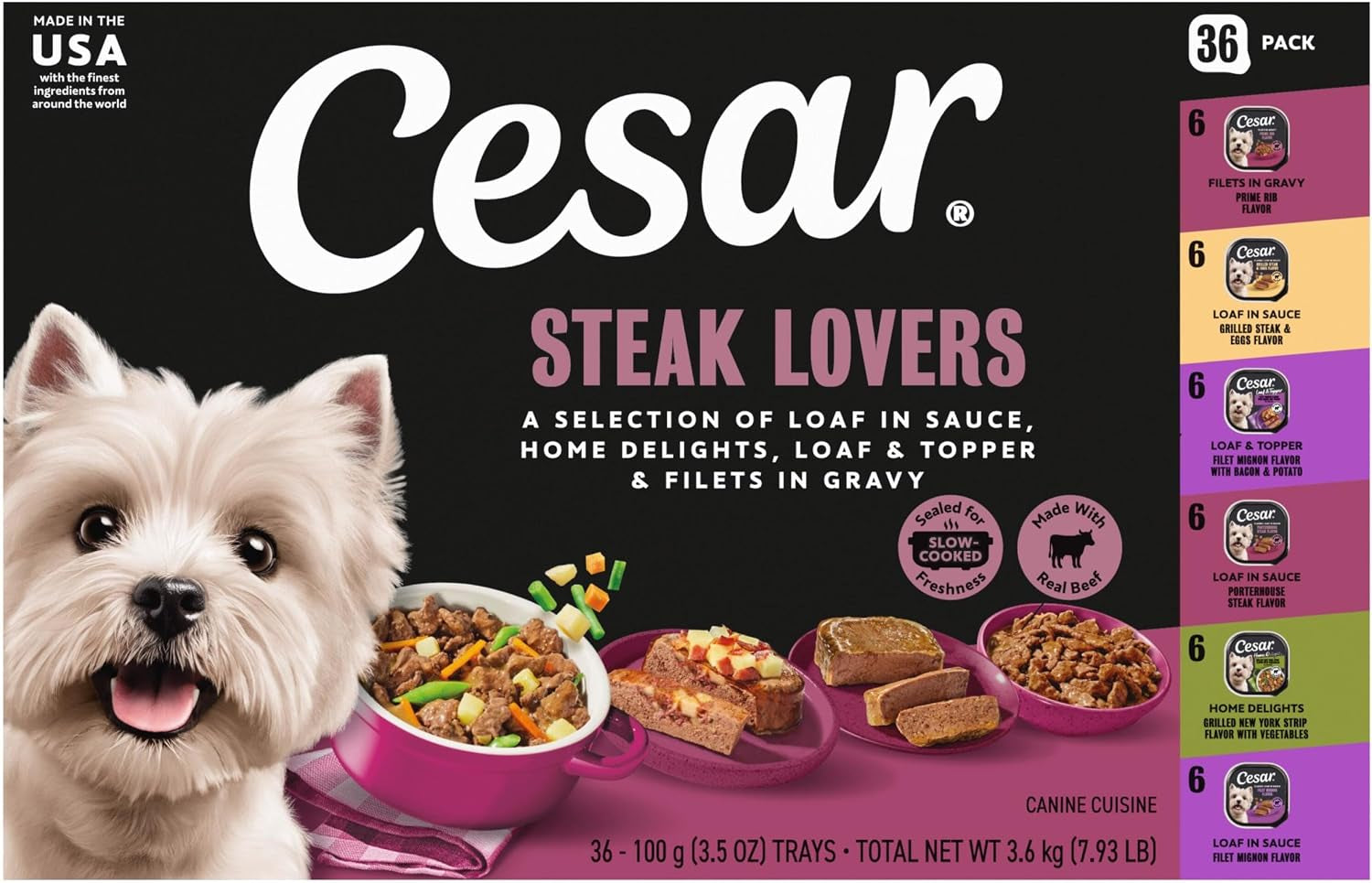 Adult Wet Dog Food Steak Lovers Variety Pack with Real Meat, 3.5 Oz. Easy Peel Trays, 36 Count (Pack of 1)