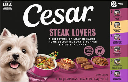 Adult Wet Dog Food Steak Lovers Variety Pack with Real Meat, 3.5 Oz. Easy Peel Trays, 36 Count (Pack of 1)